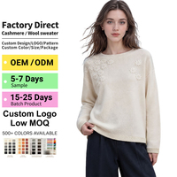 Pull en cachemire 100% à fleurs 3D pour femmes, col rond, automne, blanc rose, OEM personnalisé, 10 pièces