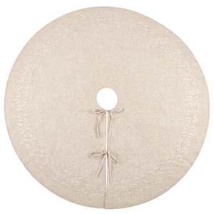 Oatmeal Linen <b>White</b> Scroll Embroidery 58in <b>Christmas</b> <b>Tree</b> Skirt French Country Rustic Xmas Home Decoration - Product Image 3