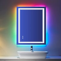 Miroir de salle de bain LED rectangulaire avec rétroéclairage RGB, halo frontal, commande tactile pour coiffeuse double vasque, vente en gros, intelligent et moderne