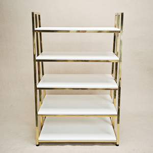 Étagère de présentation en bois blanc à cinq niveaux avec cadre métallique plaqué or pour la vente au détail et l'organisation de rangement à domicile - Product Image 2