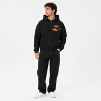 Sweat à capuche zippé personnalisé noir avec broderies et écussons, coupe oversize, en molleton de coton épais, style streetwear, vente en gros