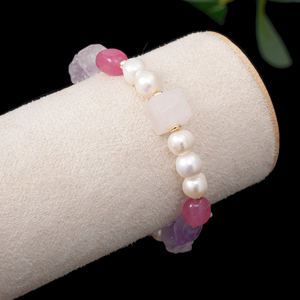 Pulsera de Perlas Naturales de Agua Dulce Únicas para Mujer, Chapada <span class=keywords><strong>en</strong></span> Oro de 18K, con Cuentas de Amatista Cruda, <span class=keywords><strong>Calcedonia</strong></span> Rosa y Cuarzo Rosa - Product Image 4
