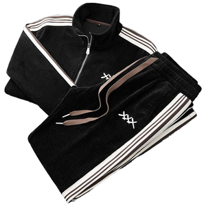 Unisex Autumn <b>Tracksuit</b> Set Black Corduroy Half-Zip Top With Stripes And Drawstring Pants Casual Wear For Adults - Product Image 1