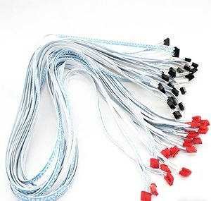 Kabel Harness Pita Datar Biru-Putih Kustom dengan Konektor Ganda Hitam/Merah Pabrikasi untuk Peralatan Rumah Tangga & Sistem Kontrol - Product Image 1