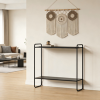 Table console moderne à 2 niveaux en bois avec cadre en métal noir et décoration en fil métallique pour salon, entrée, couloir, utilisation en meubles de maison