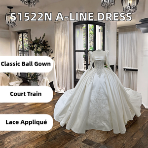 Nouvelle Robe de Bal Classique Française S1522N de Haute Qualité, Coupe A-Line, Manches Longues en Satin, Taille Naturelle Amincissante, Traîne Courte en Dentelle, Longueur Ras du Sol - Product Image 2