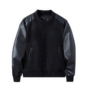 Veste universitaire personnalisée avec logo, manches en cuir, broderie noire, style Letterman – Prix de gros - Product Image 1