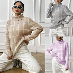 Factory <strong>Women</strong> Winter Long Sleeve Knitted Color Block Grid High <strong>Turtle</strong> <strong>Neck</strong> Sweater Pullover <strong>Jumper</strong> - Product Image 2