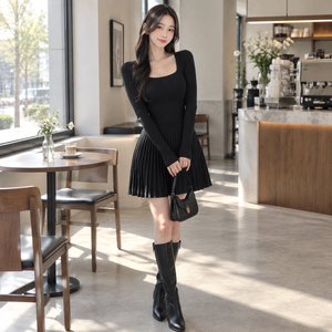Robe pull en tricot noir pour femme, manches longues, col carré, plissée, mini, coupe évasée, style automne - Product Image 5