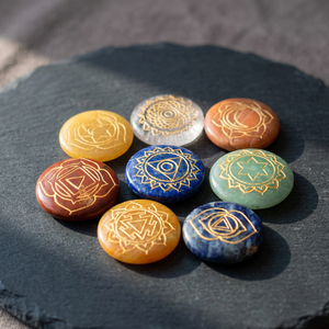 Handmade Polished Gemstone <b>Chakra</b> Stones <b>Set</b> with Sacred Symbols Circle Shape Reiki Healing Art Collectible - Product Image 3