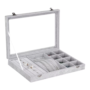 Gray Velvet Jewelry Display Case With Clear Lid, Lockable Multi-Compartment Jewelry Organizer For Rings, <b>Earrings</b> And Bracelets - Product Image 6