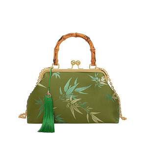 Chinese Style Shell Bag Bamboo Handle Green Leaf Pattern Chain Tassel Crossbody Bag For Women - Product Image 5