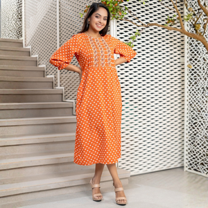 Vestido Midi de Georgette Estampado Naranja de Lujo al Por Mayor, Ropa Elegante para Mujer - Product Image 4