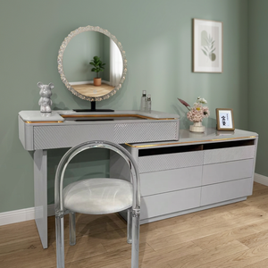 Modern Gray Makeup <b>Vanity</b> <b>Table</b> with Lighted Round <b>Mirror</b> Storage Drawers for Bedroom Furniture - Product Image 2
