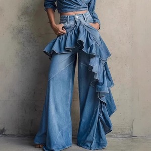 Vaqueros asimétricos con volantes y empalmes, de cintura alta, estilo europeo y americano, largos hasta el suelo para mujer, vaqueros anchos lavados. - Product Image 1