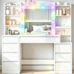 WenFeng ODM/OEM Coiffeuse moderne <span class=keywords><strong>en</strong></span> bois pour chambre d'hôtel, 47 pouces, avec éclairage LED, 8 tiroirs, miroir réglable de 20 pouces, 2 prises AC + 2 ports USB - Product Image 2