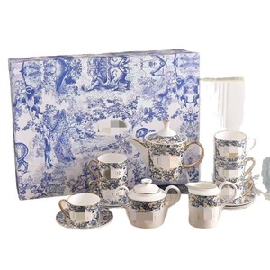 Ensemble tasse et soucoupe à café en porcelaine fine, motif floral bleu émaillé, style européen, avec coffret cadeau - Product Image 5