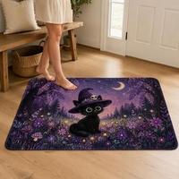 Tapis moderne en velours synthétique, motif chat sorcière d'Halloween en forêt sous la lune avec champignons et fleurs violettes, fabriqué à la machine