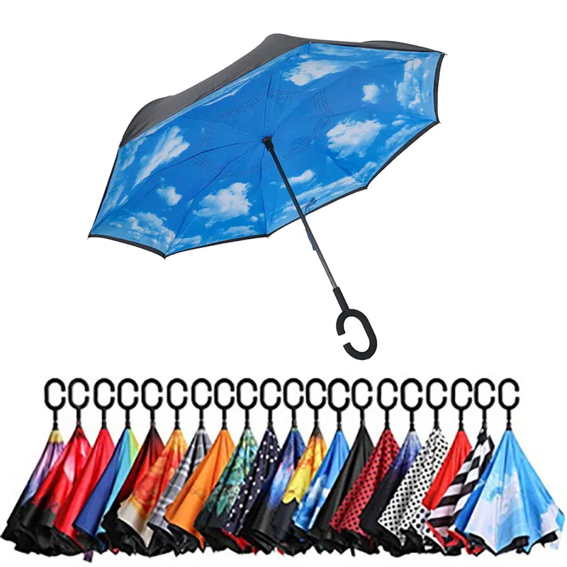 Parapluie mains libres à Double couche, poignée en forme de C, parapluie inversé, impression personnalisée, offre spéciale