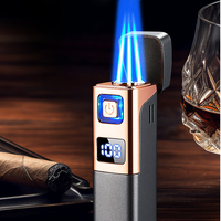 Briquet à cigares portable à gaz coupe-vent triple flamme bleue rechargeable au butane, écologique, avec coupe-cigare en V, cadeau d'affaires sécurisé, vente en gros