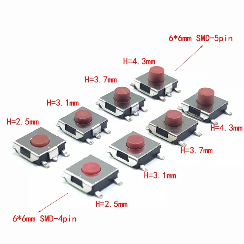 Interruptor táctil SMD de 6x6x2,5/3,1/3,7/4,3mm, pulsador pequeño de 4 / 5 pines, color rojo, 6x6