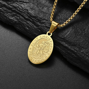 Collier Saint <span class=keywords><strong>Christophe</strong></span> en or 18 carats non terni pour hommes garçons collier pendentif ovale gravé St. Christopher en acier inoxydable - Product Image 4