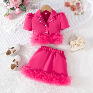 Kız Çocuk Yazlık Elbise Düz Renk Takım Yaka Boncuklu Ceket + File Dantel Etek Seti Tatlı Stil Kamgarn Kumaş - Product Image 1