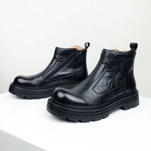 Botas de plataforma con punta redonda de cuero genuino marrón, con cierre de cremallera, suela de goma antideslizante, estilo otoñal, envío directo - Product Image 4