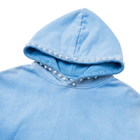Sweat à capuche streetwear pour hommes en molleton de coton épais, personnalisé, bleu délavé, orné de perles et de strass, coupe ample, vente en gros