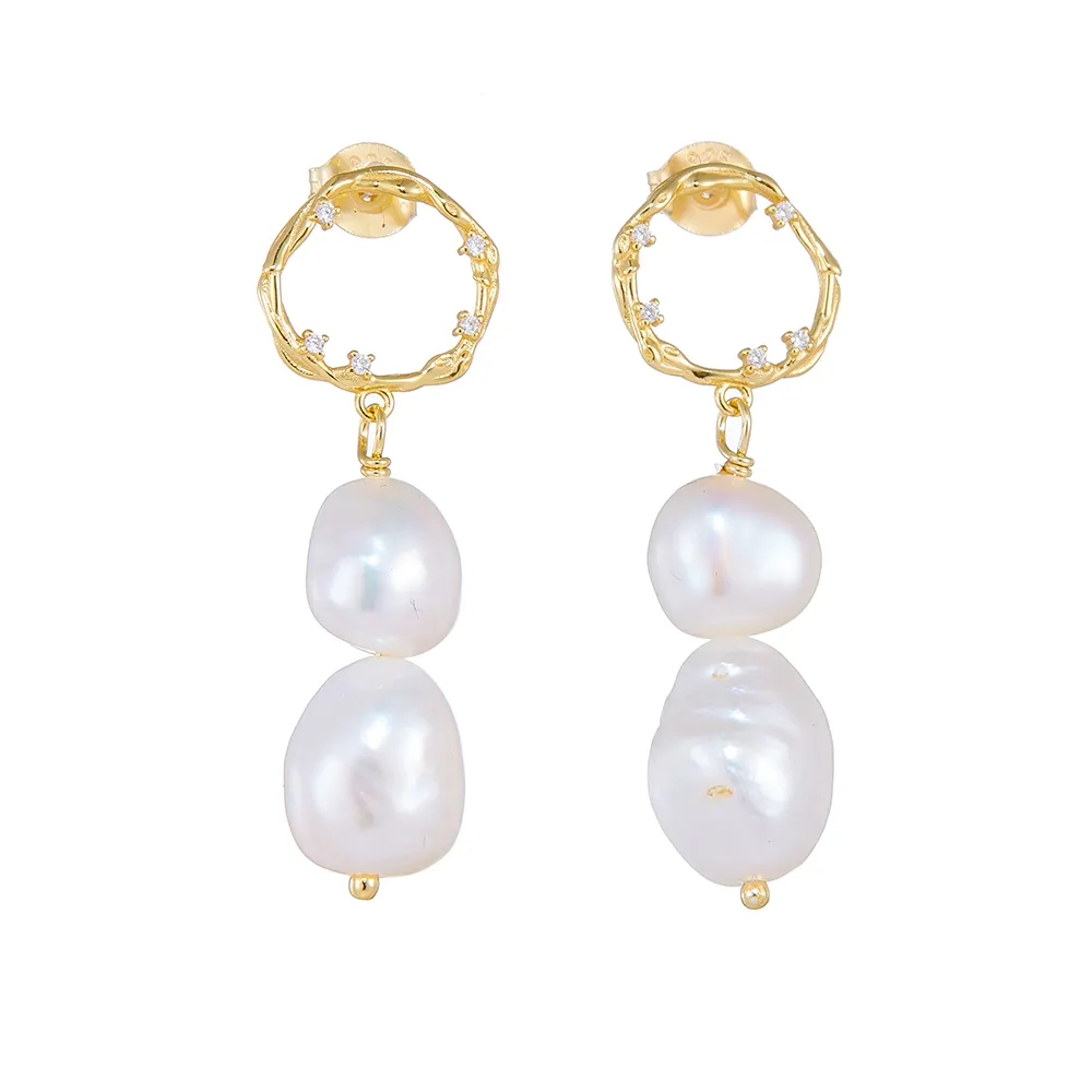 925 Sterling Silver 14k Gold plated real freshwater pearl drop earrings Baroque Pearl Earrings for Women Wholesale