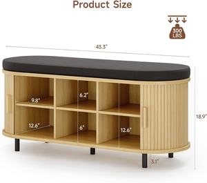 Adjustable <strong>Oak</strong> Mid-Century Modern Shoe <strong>Storage</strong> <strong>Bench</strong> with Cushion and Sliding Door for Entryway Hallway Living Room Hotel Use - Product Image 3