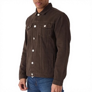 Veste en jean marron foncé pour homme, col mandarin décontracté, respirante, coupe classique, hiver, 100% coton, style délavé - Product Image 4
