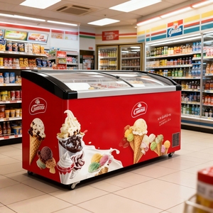Congélateur vitrine commercial pour crèmes glacées 300L-600L, congélateur coffre à vitre incurvée pour supermarché, certifié CE/CB, directement de l'usine - Product Image 2