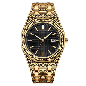 Fashion Vintage Men's Quartz <b>Watch</b> Engraved Case and 20mm Band Glass Crystal <b>Black</b> Textured Dial Gold Tone Business <b>Watch</b> - Product Image 6