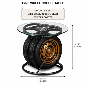 Industrial Tyre Wheel <b>Coffee</b> <b>Table</b> with Round Glass Top <b>Rustic</b> Automotive Design for Living Room Lounge and Man Cave Decor - Product Image 2