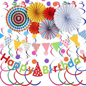 Chúc mừng sinh nhật cờ hiệu biểu ngữ với đầy màu sắc giấy vòng tròn chấm vòng hoa giấy người hâm mộ treo xoáy treo sinh nhật đảng trang trí nội thất thiết lập - Product Image 1