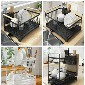 Escurridor de platos de acero inoxidable, bandeja de cubiertos de plástico extraíble con mango de madera para almacenamiento de suministros de cocina, envío directo - Product Image 6