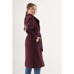 Abrigo de lana para mujer color borgoña, manga larga con cinturón, abrigo cálido para invierno - Product Image 1