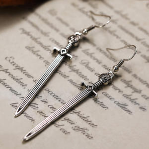 Antique <b>Silver</b> Plated <b>Sword</b> Drop Earrings Vintage Style Unisex Alloy Fashion Jewelry - Product Image 3