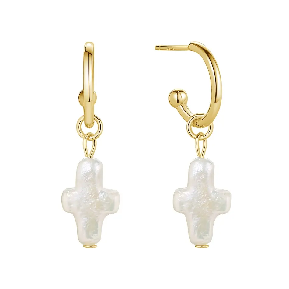 nagosa trendy 18k gold plated earrings wholesaler sterling silver baroque freshwater pearl cross shape hoop earring for women