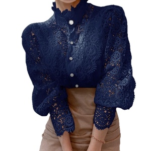 Chemisier élégant et décontracté pour femme, en dentelle, col montant, manches <span class=keywords><strong>cloche</strong></span>, ajouré, idéal pour les fêtes et le quotidien - Product Image 5