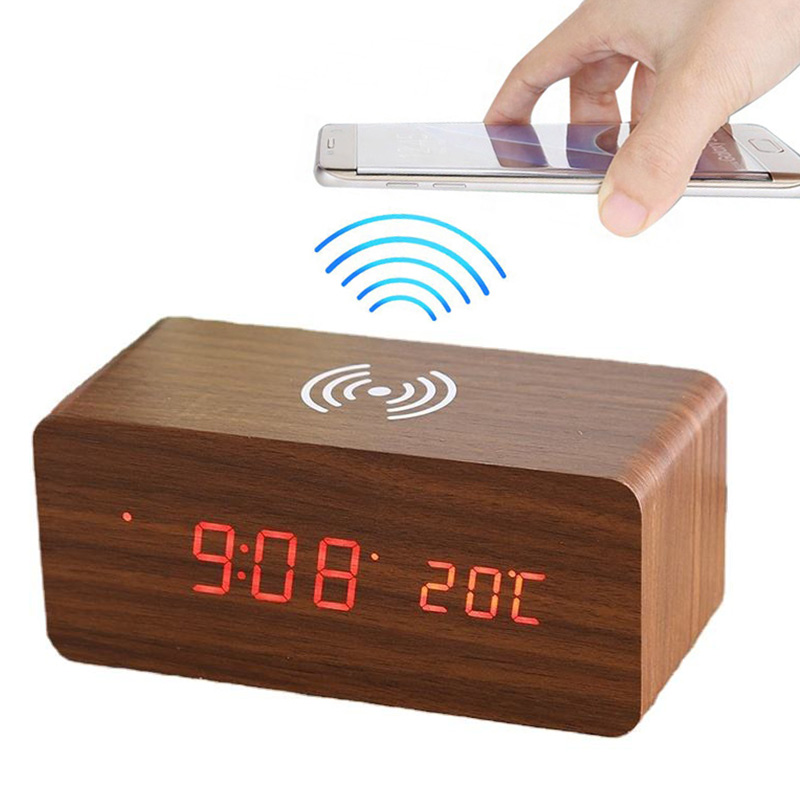 Hot Selling Bamboo Electronic Sound Control Wireless Charging Smart LED Digital Wooden Clock Alarm Calendar with Date Time