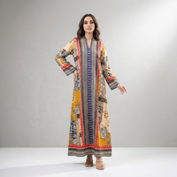 2026 Geringe Mindestbestellmenge Damen Boho Blumenmuster Patchwork Polyester V-Ausschnitt Bodenlange Abend-Abaya Maxikleid Muslimisch Vorne Offen