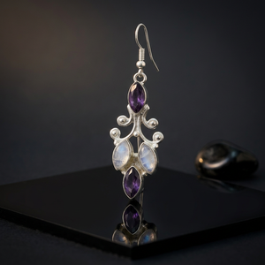 Boucles d'oreilles pendantes en argent sterling 925 pour femmes avec pierre de lune et améthyste, fermoir plaqué or 18 carats, hypoallergéniques - Product Image 3
