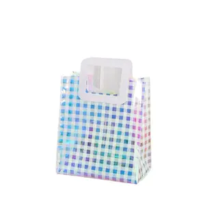 Sacola de compras com holograma arco-íris de plástico transparente em pvc transparente com alça holográfica transparente para uso em moda