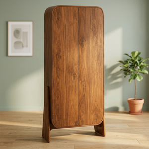 Armoire de rangement haute en bois de manguier massif avec double porte et pieds inclinés |   Armoire en bois de style moderne du milieu du siècle - Product Image 3