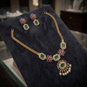 Indian Traditional Gold Plated American Diamond AD Necklace <b>Set</b> Emerald Green Octagon Stone & Ruby Pink Floral Pendant Chain Nec - Product Image 2