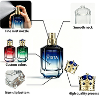 Flacon de parfum carré bleu de 50 ml à fond épais avec pulvérisateur à baïonnette, conteneur vide sérigraphié pour le stockage de parfums