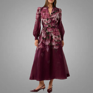 Bán Buôn Dài Tay Áo Nút Phía Trước Maxi <span class=keywords><strong>Dresses</strong></span> Belted V Cổ Đẹp In Phụ Nữ Ăn Mặc Lượn Sóng Ren Phụ Nữ Thanh Lịch <span class=keywords><strong>Dresses</strong></span> - Product Image 3