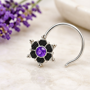 Bijou de nez traditionnel indien en argent 925 avec améthyste violette ronde, serti en forme de halo floral, pour femmes et jeunes filles - Product Image 1